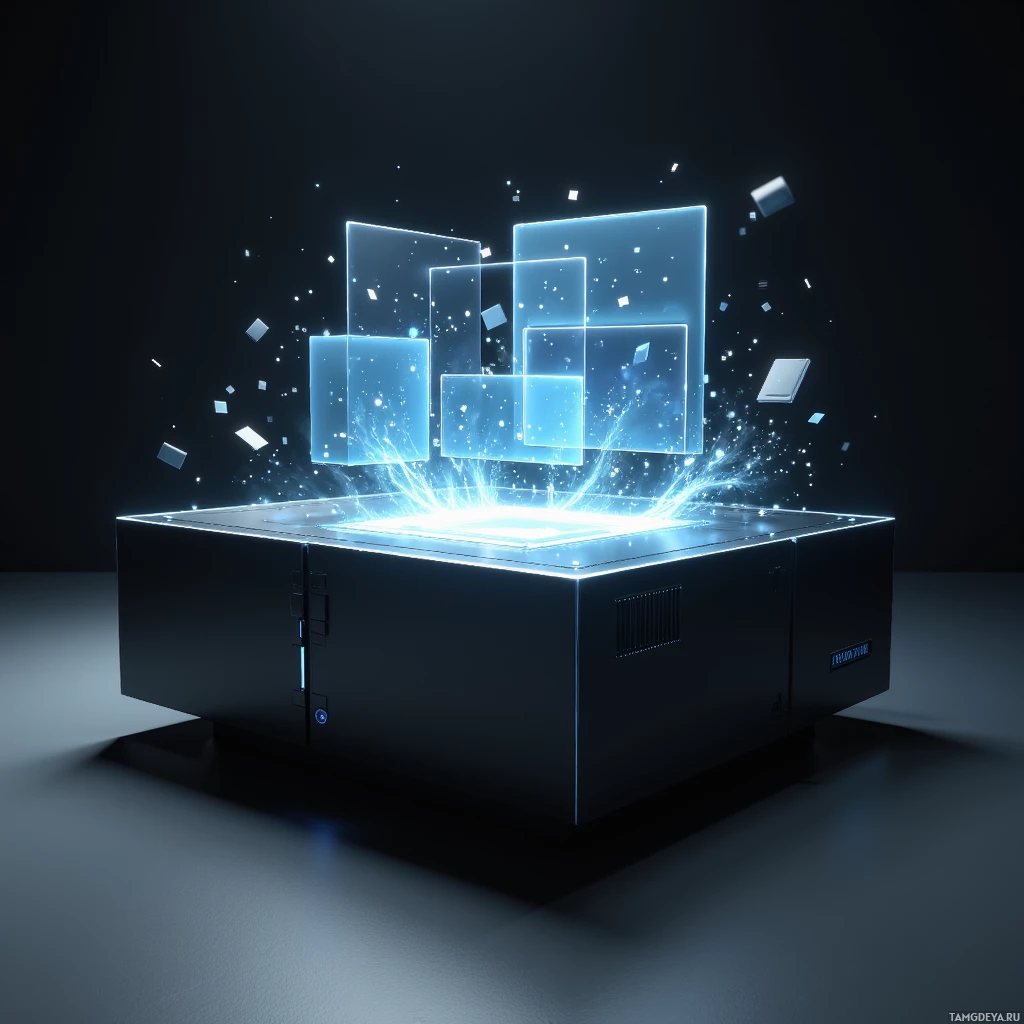 A glowing, futuristic cube emits light and particles, floating above a dark, metallic base.