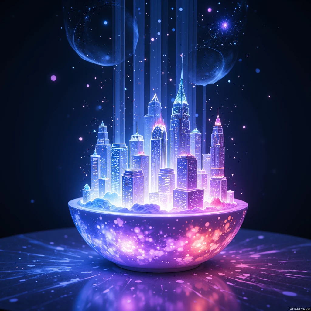A futuristic cityscape is contained within a glowing bowl against a cosmic background.