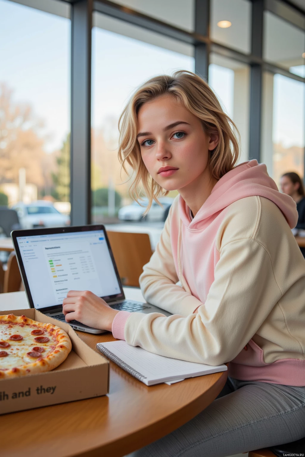 A person wearing a pink and beige hoodie sits at a table with a laptop, notebook, and pizza box in front of them.