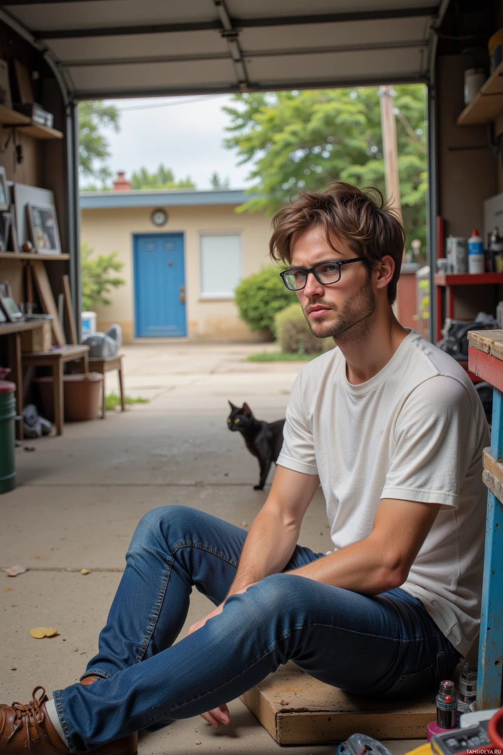 A person sits in a garage with a black cat nearby.