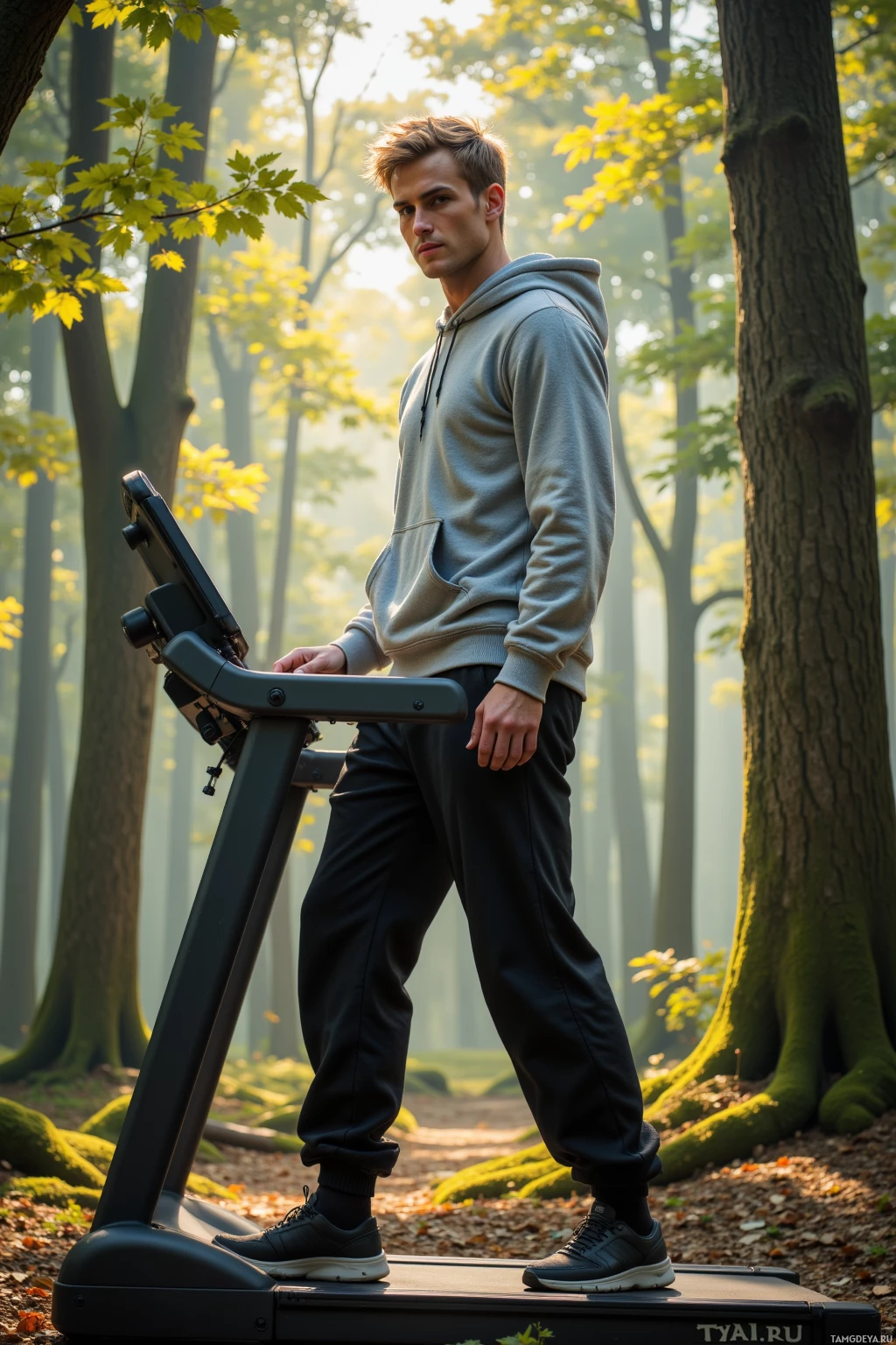A person stands on a treadmill in a forest setting.