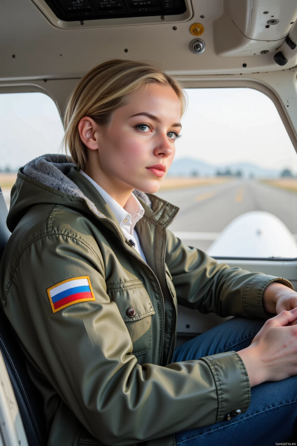 A person wearing an olive green jacket with a Russian flag patch sits inside an aircraft cockpit.