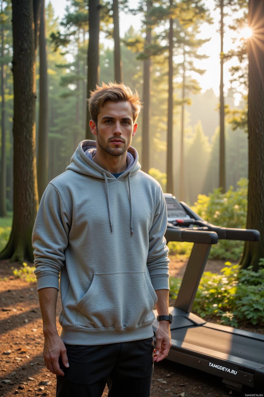 A person stands in a forested area wearing a hoodie and black pants, with a treadmill in the background.