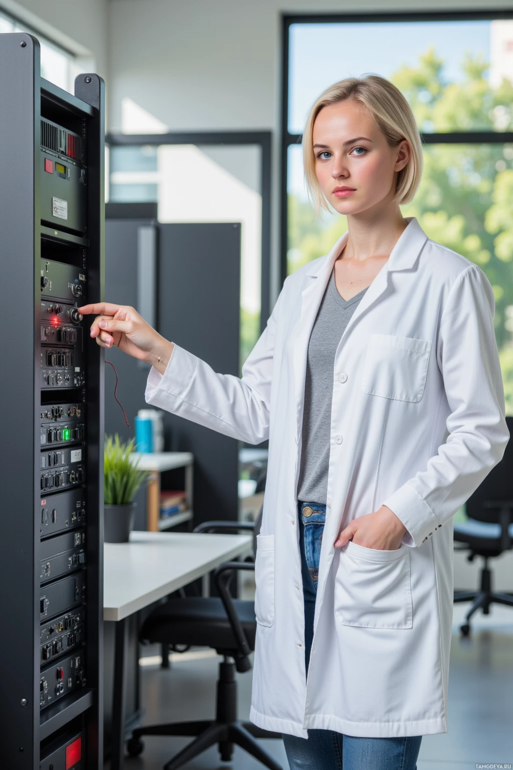 A person in a lab coat is interacting with a server rack in a modern office setting.