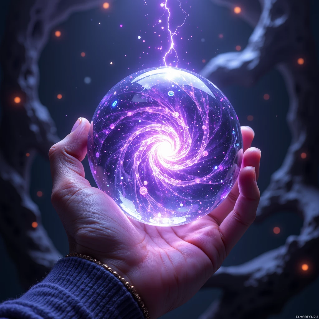 A hand holds a glowing, swirling crystal ball against a dark, starry background.