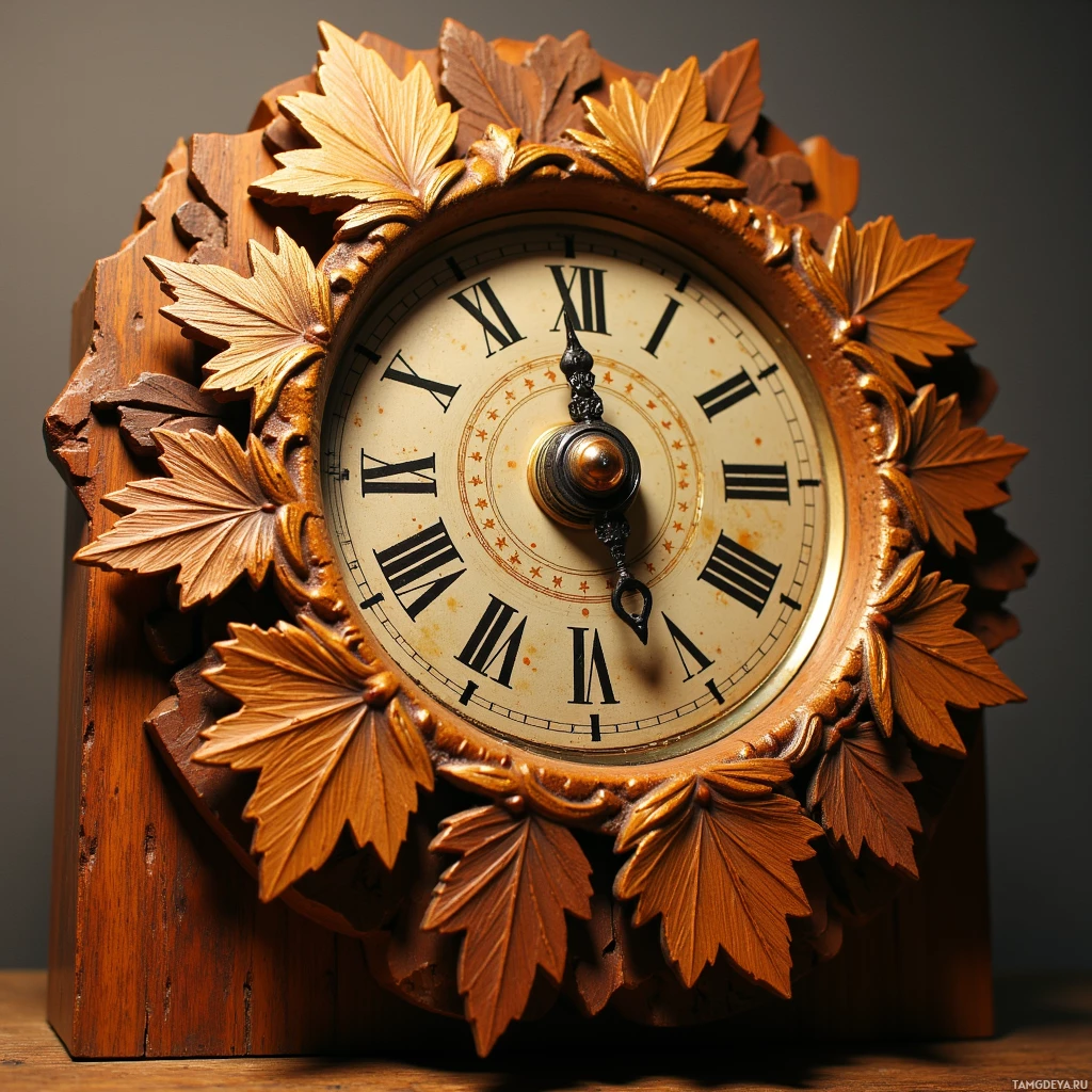 A carved wooden clock with a leaf motif and Roman numerals.