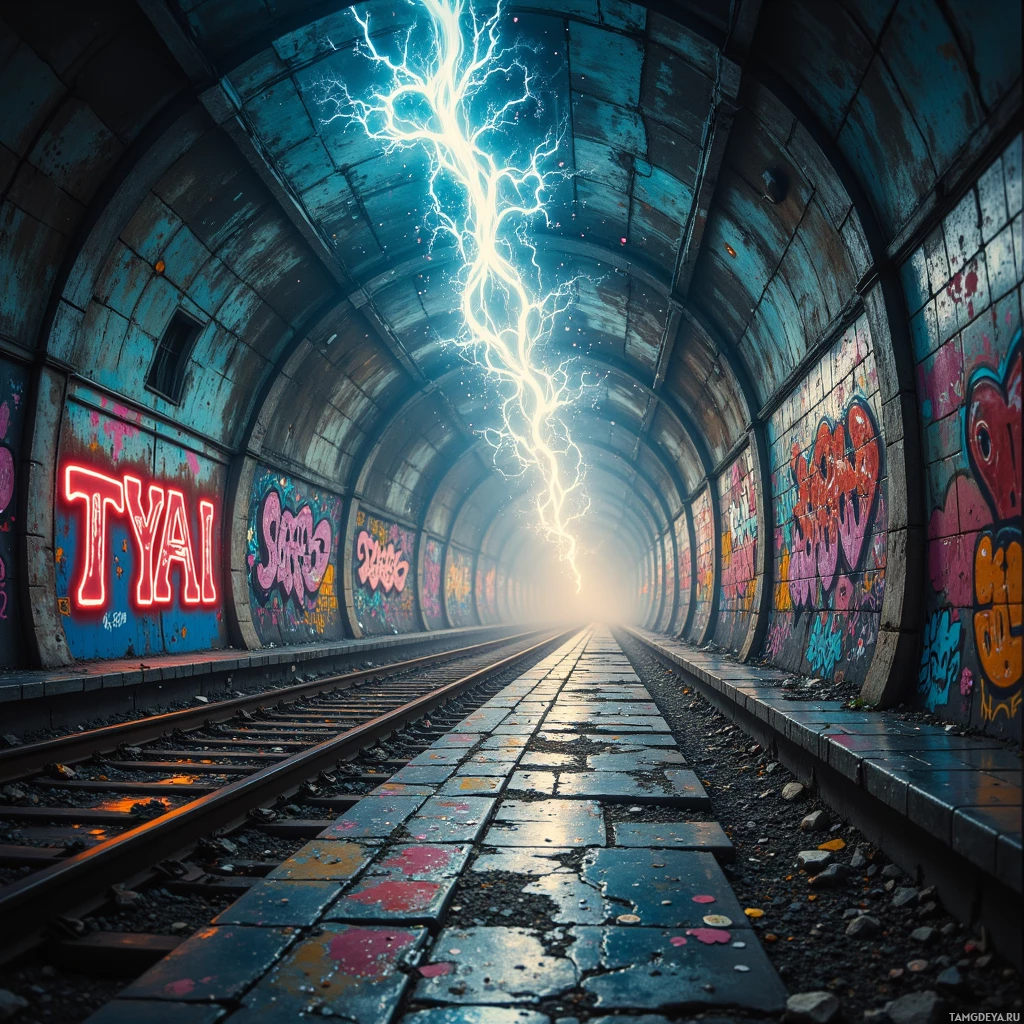 A graffiti-covered tunnel with tracks and a bright lightning bolt illuminating the end.