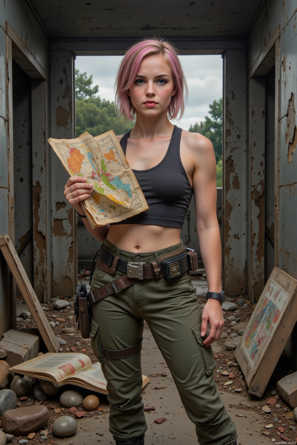 A person in military-style attire stands in a dilapidated structure, holding an old map.