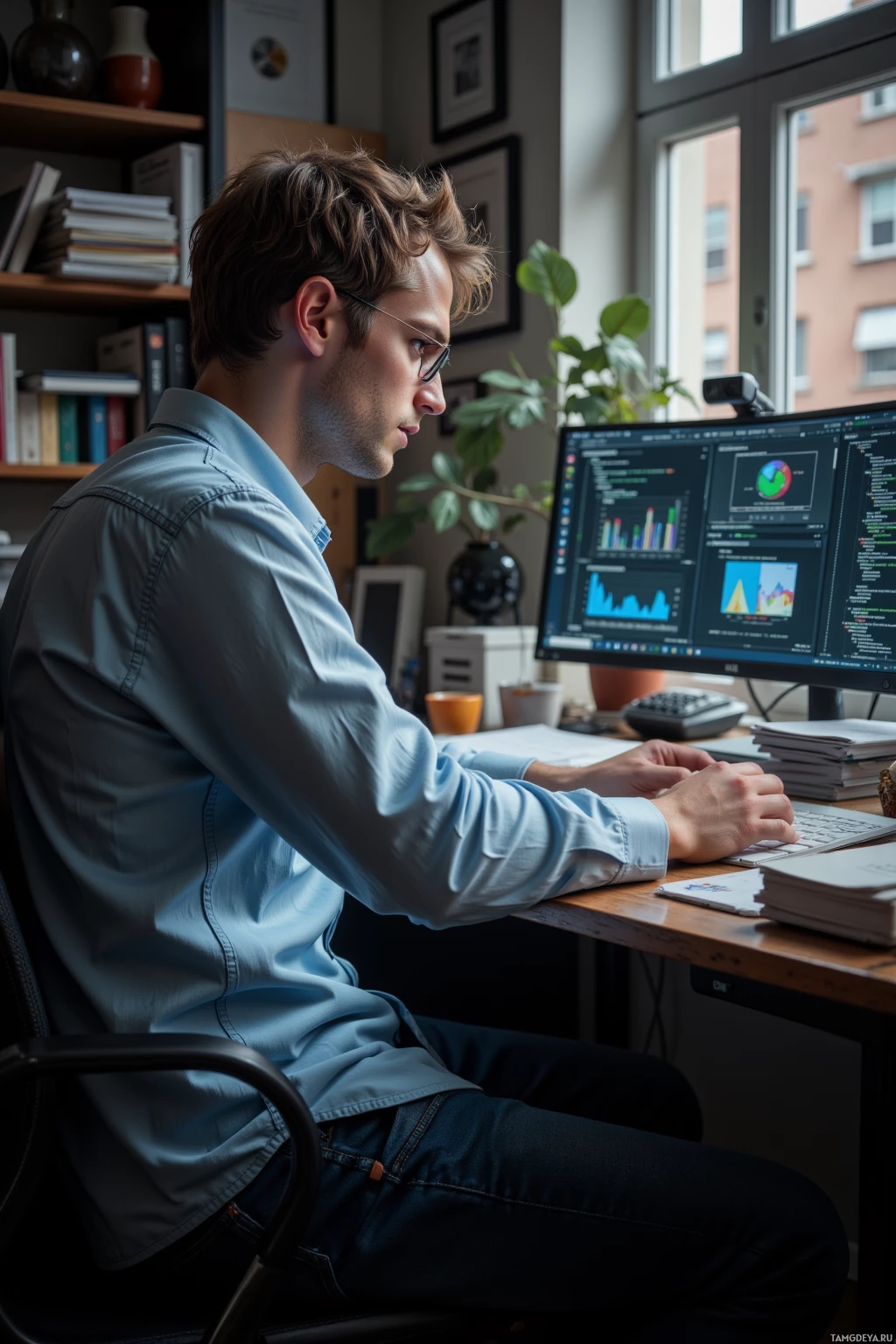 A person is working at a desk with a computer displaying graphs and charts.