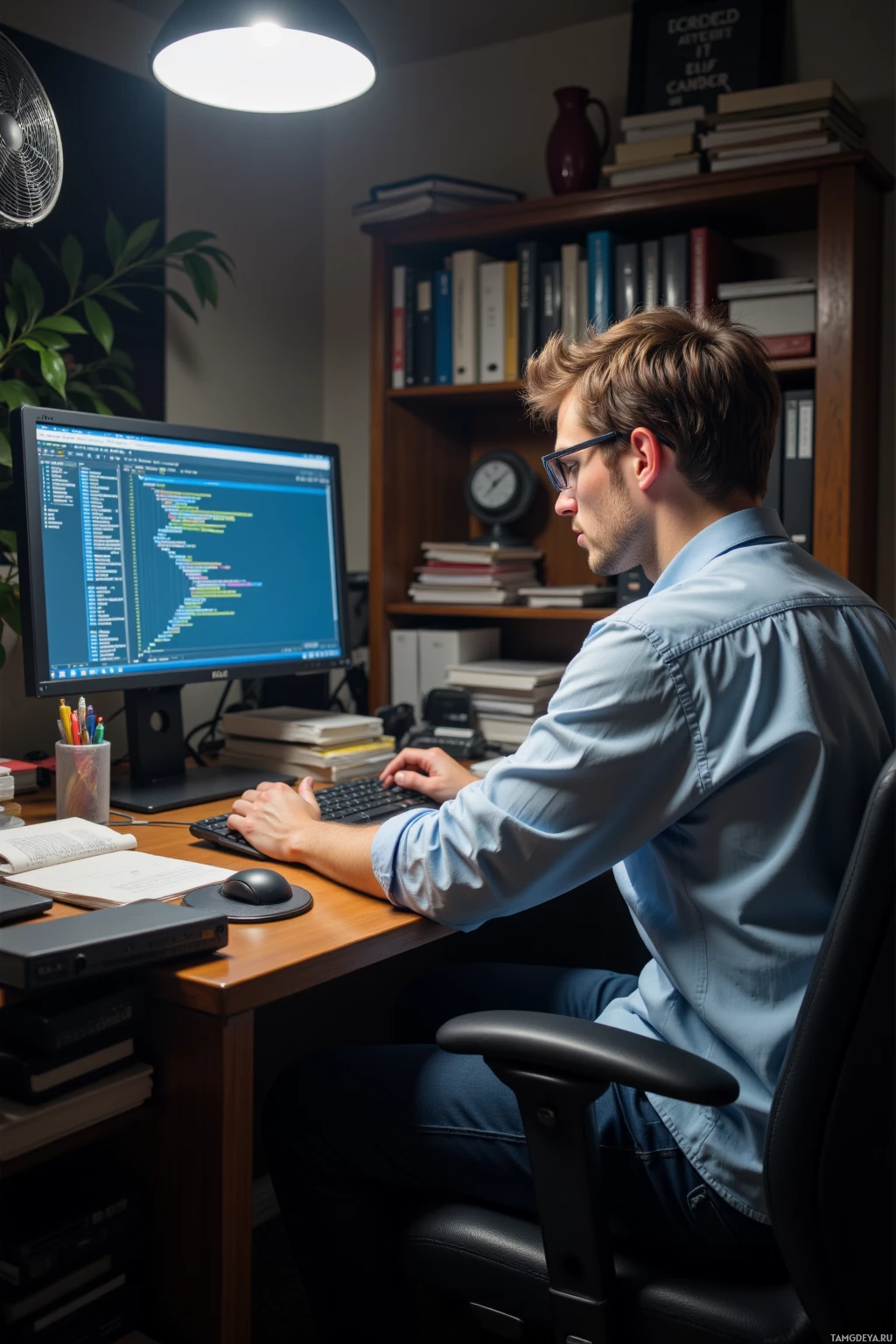A person is working at a desk with a computer, surrounded by books and a lamp.