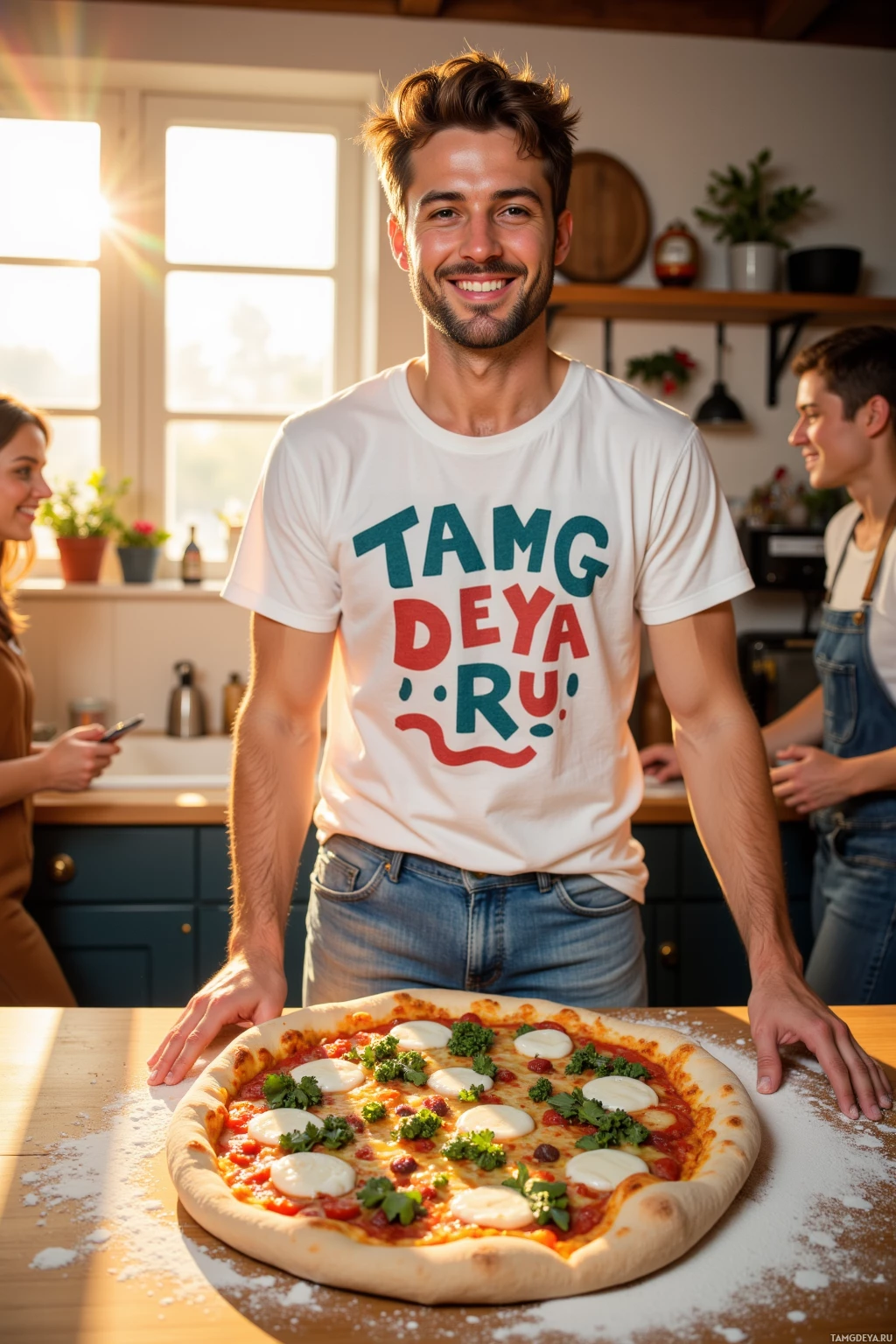 A man stands in a kitchen with a freshly baked pizza on the counter.
