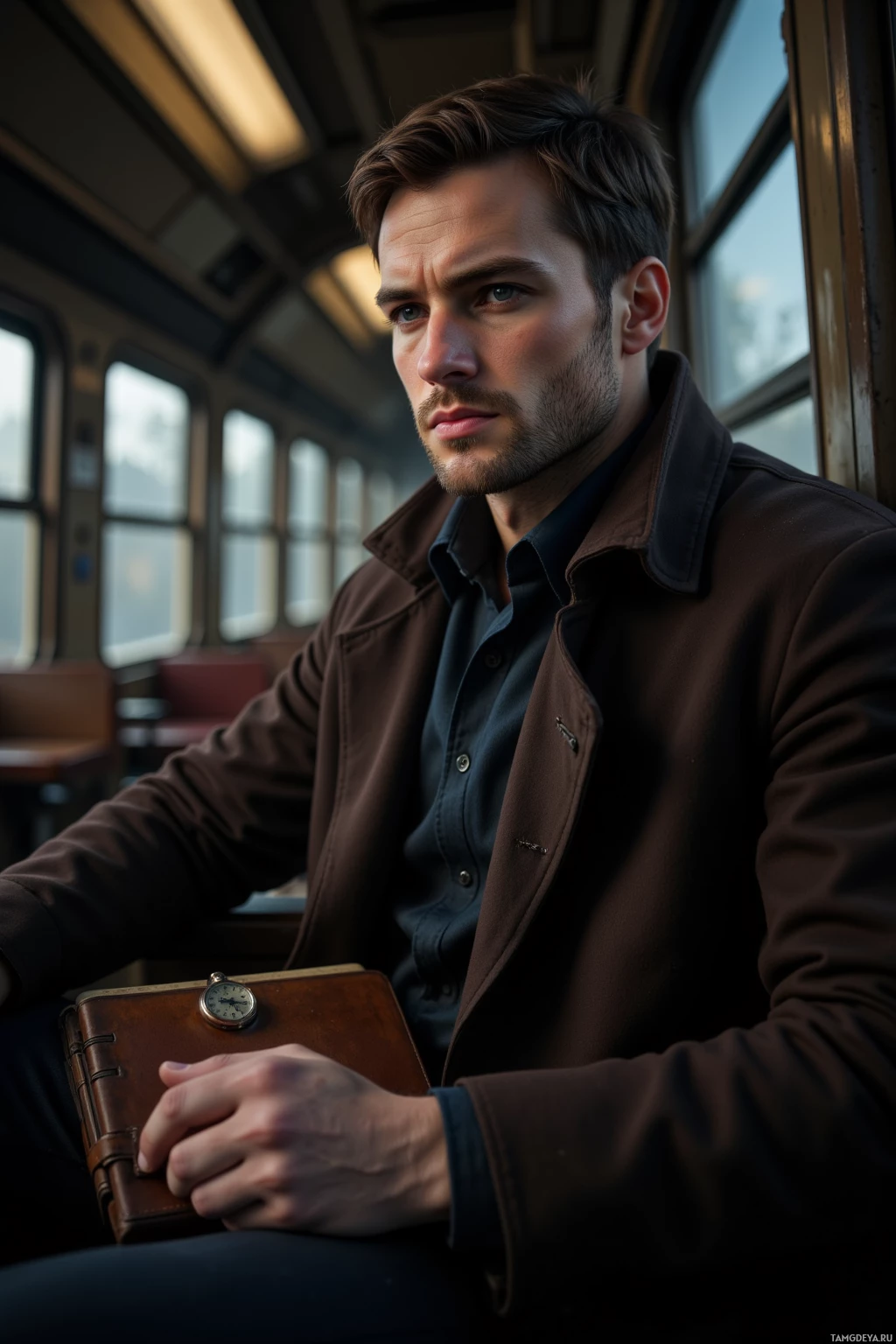 A man sits on a train, holding a book and a watch, looking thoughtful.