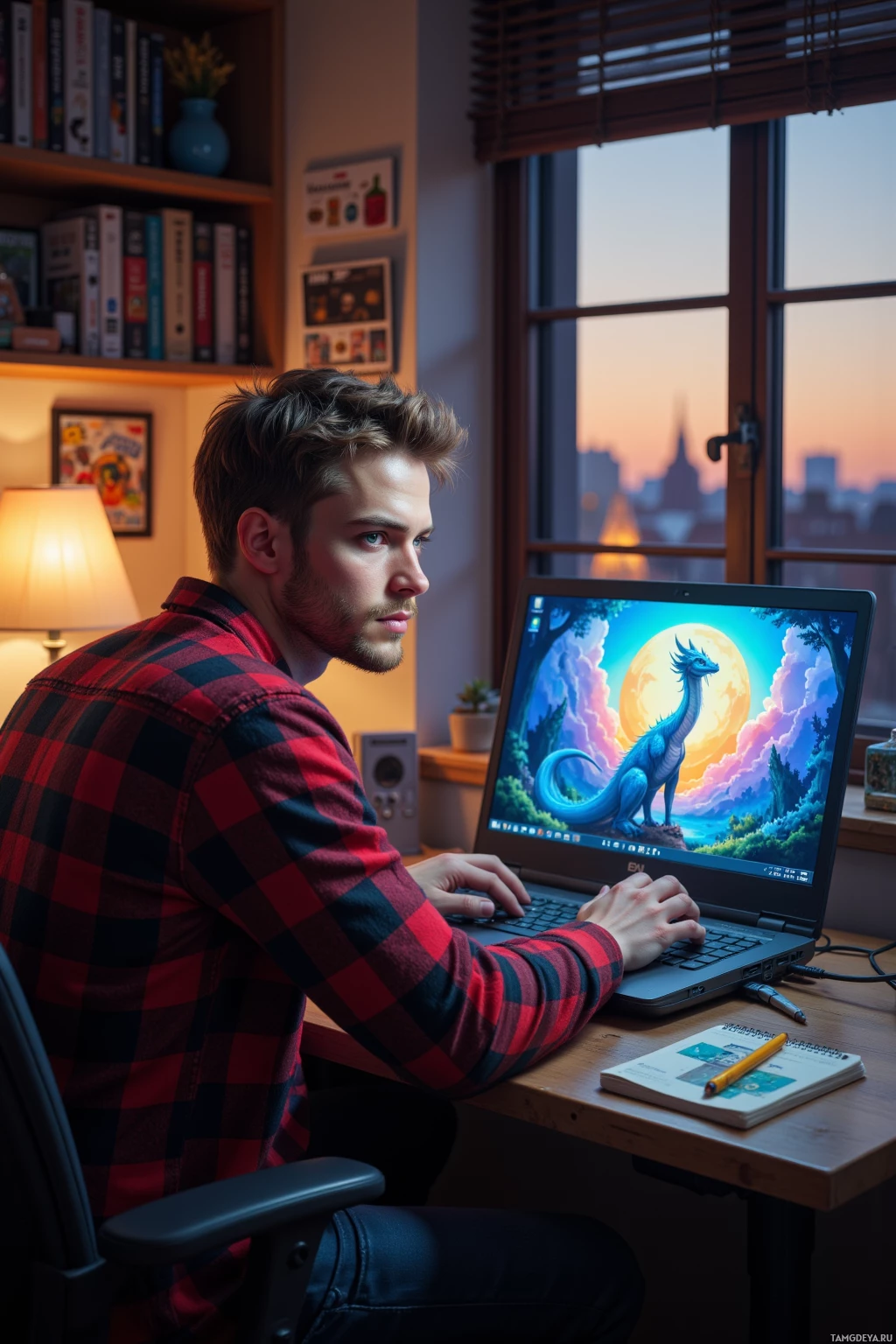 A person in a plaid shirt works on a laptop with a dragon wallpaper, in a cozy room with a window view of a city at dusk.