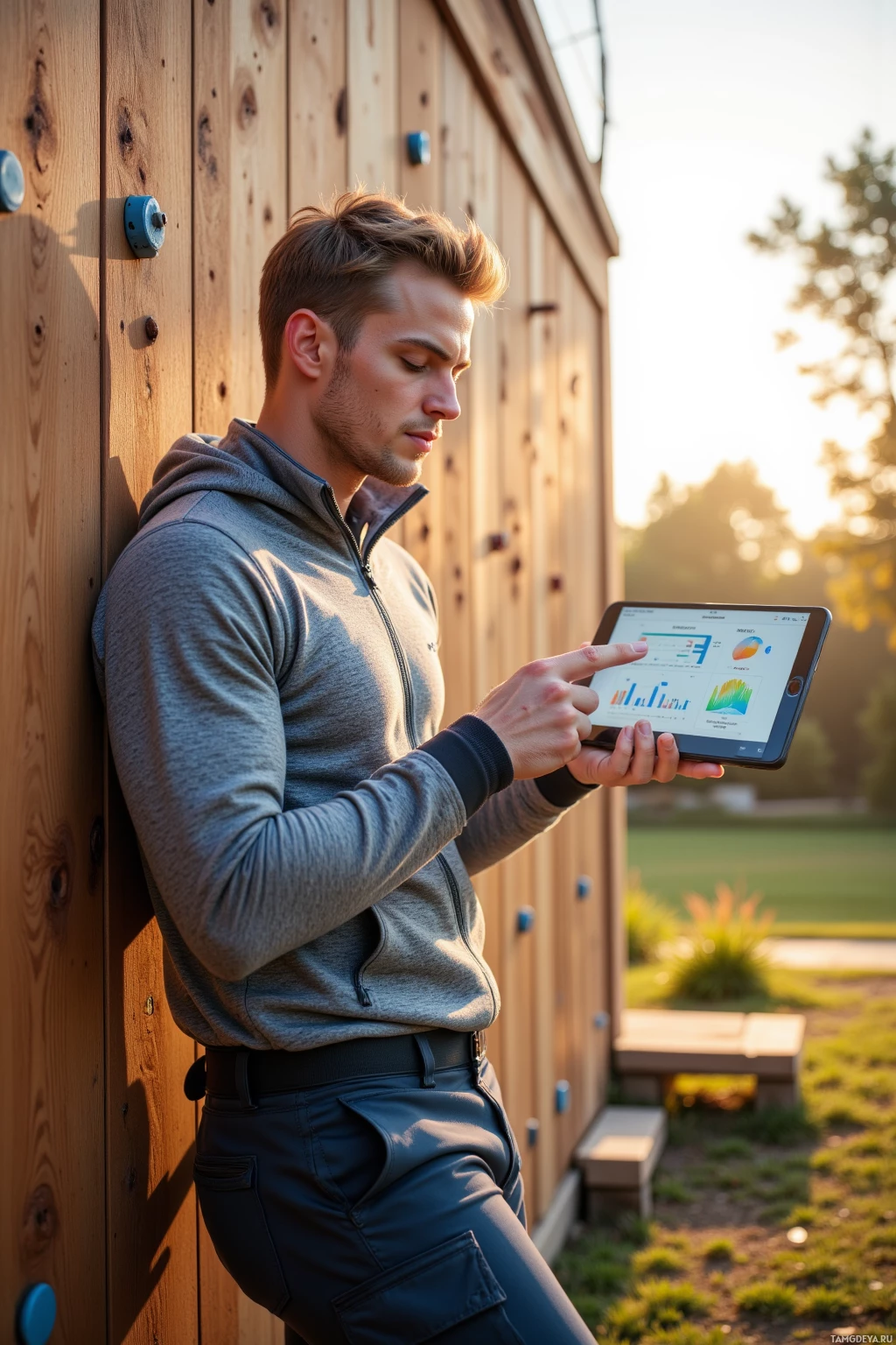 A man in a gray hoodie leans against a wooden wall while using a tablet.
