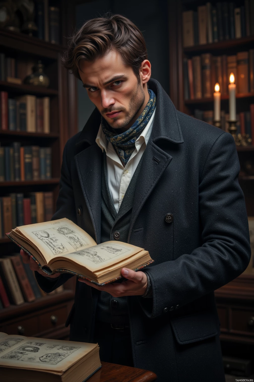 A man in a vintage coat holds an open book in a library setting.