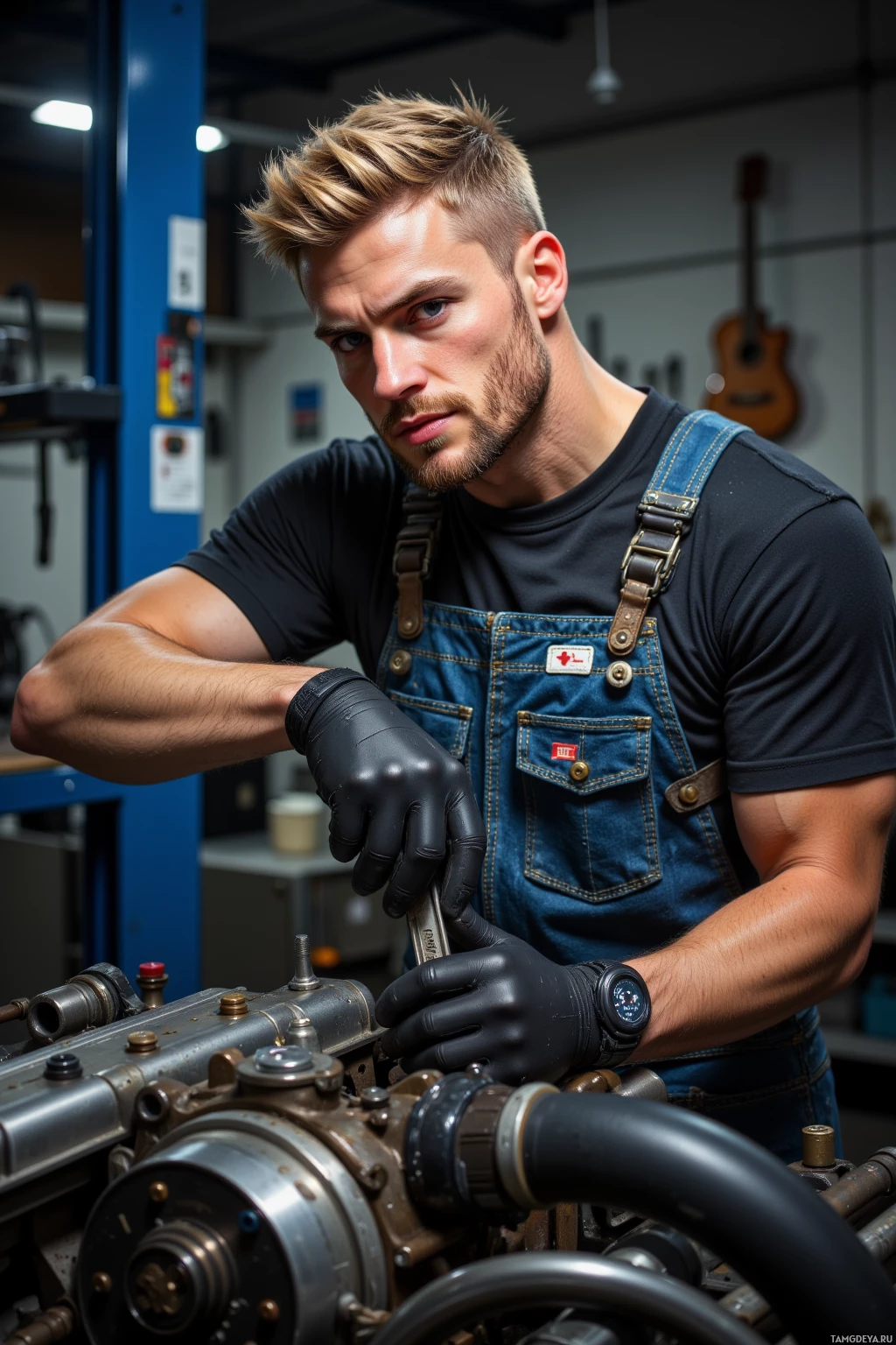 A man in a workshop wearing overalls and gloves, working on a mechanical engine.