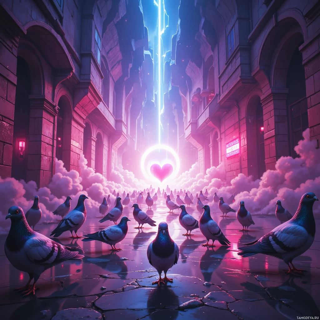 A surreal scene featuring pigeons in a grand, illuminated corridor with a glowing heart at the end.
