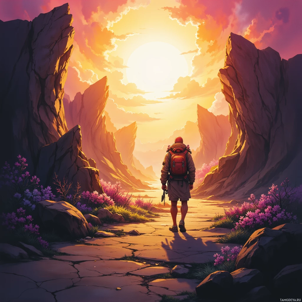 A lone hiker walks along a stone path through a mountainous landscape at sunset.