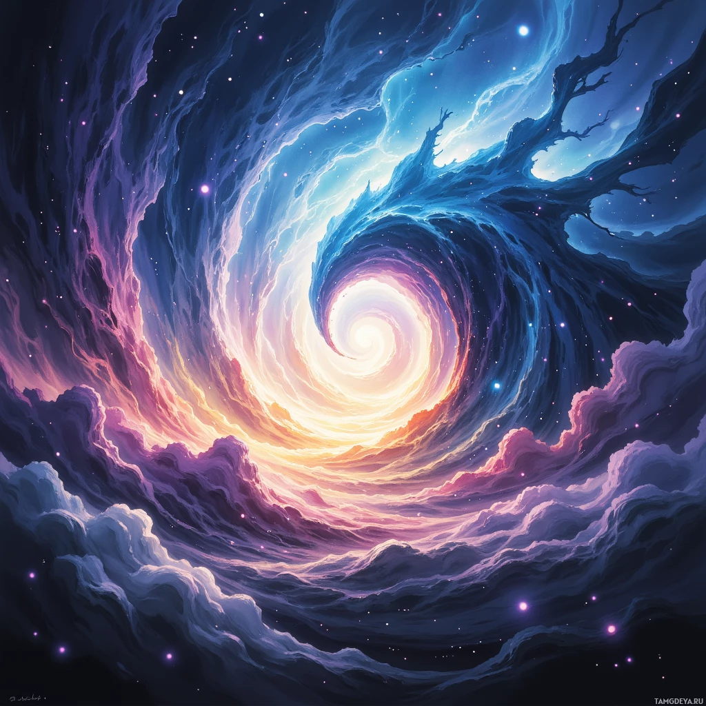 A swirling cosmic vortex with vibrant colors and stars.