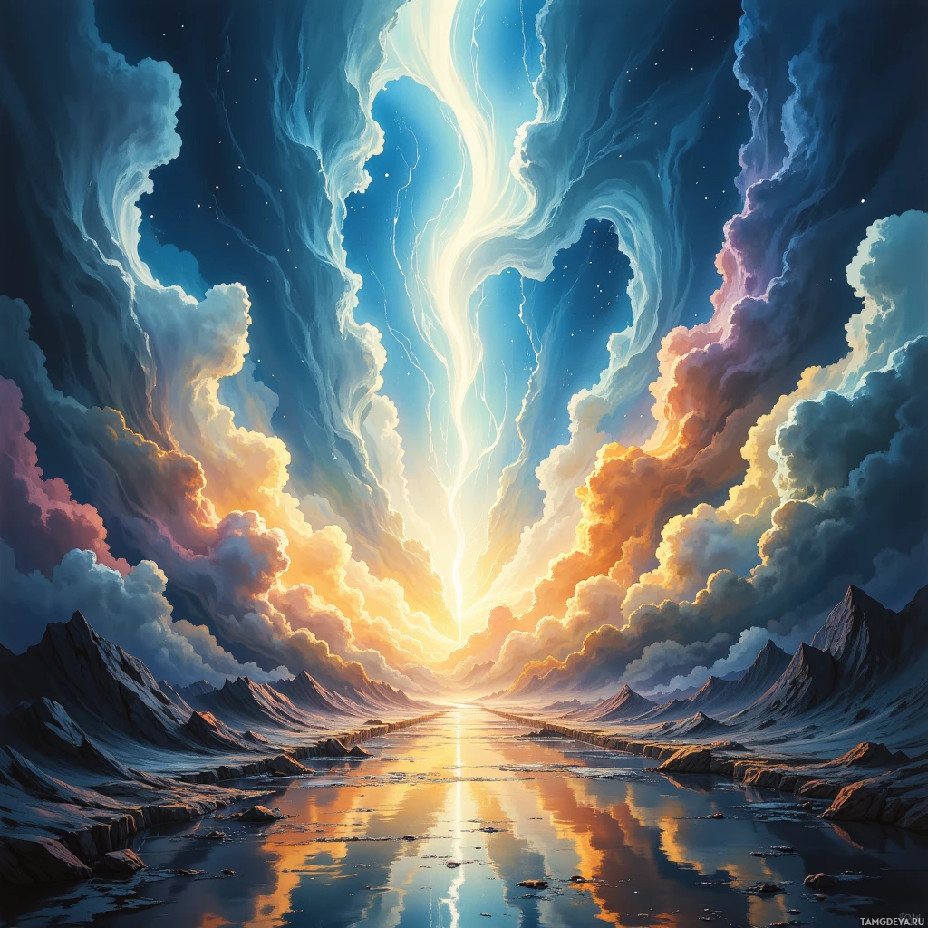 A serene landscape featuring a reflective body of water, majestic mountains, and a dramatic sky with swirling clouds and a radiant light source.