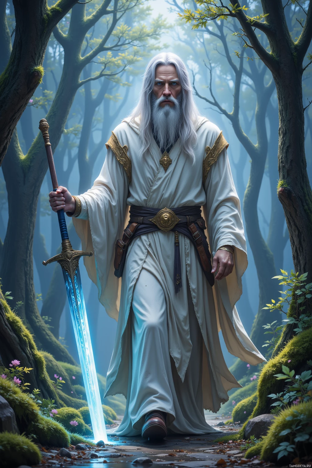 A wizard in white robes stands in a forest, holding a glowing sword.