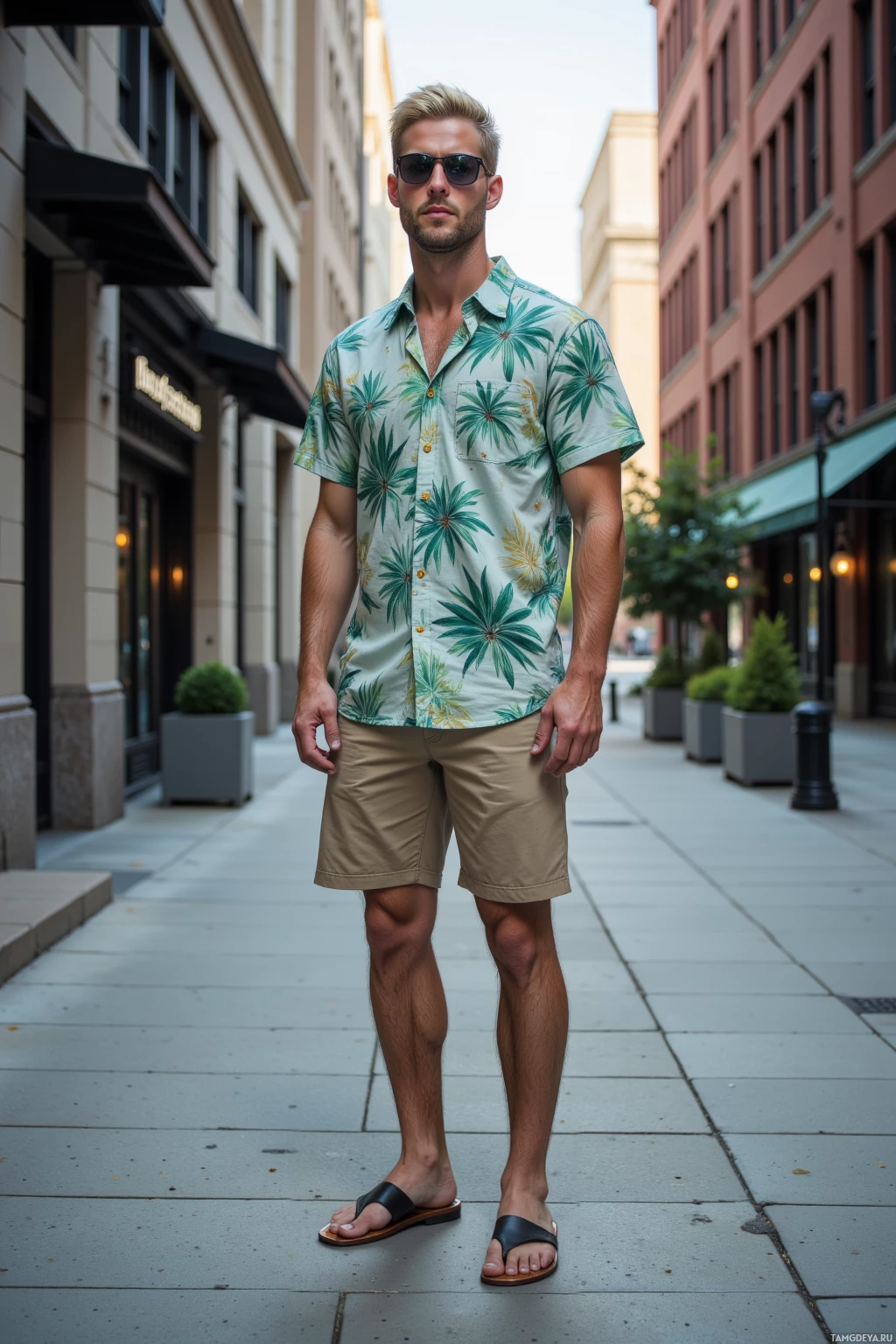 A man stands on a city sidewalk wearing a tropical print shirt, beige shorts, and black sandals.