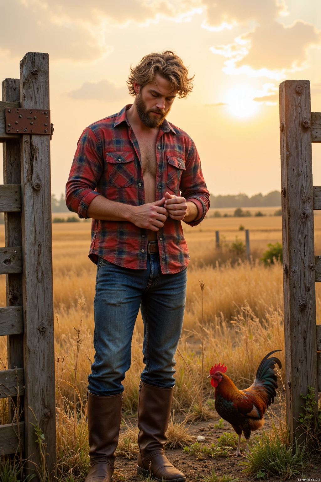 A man in a plaid shirt and jeans stands in a field with a rooster, wearing boots, under a sunset sky.