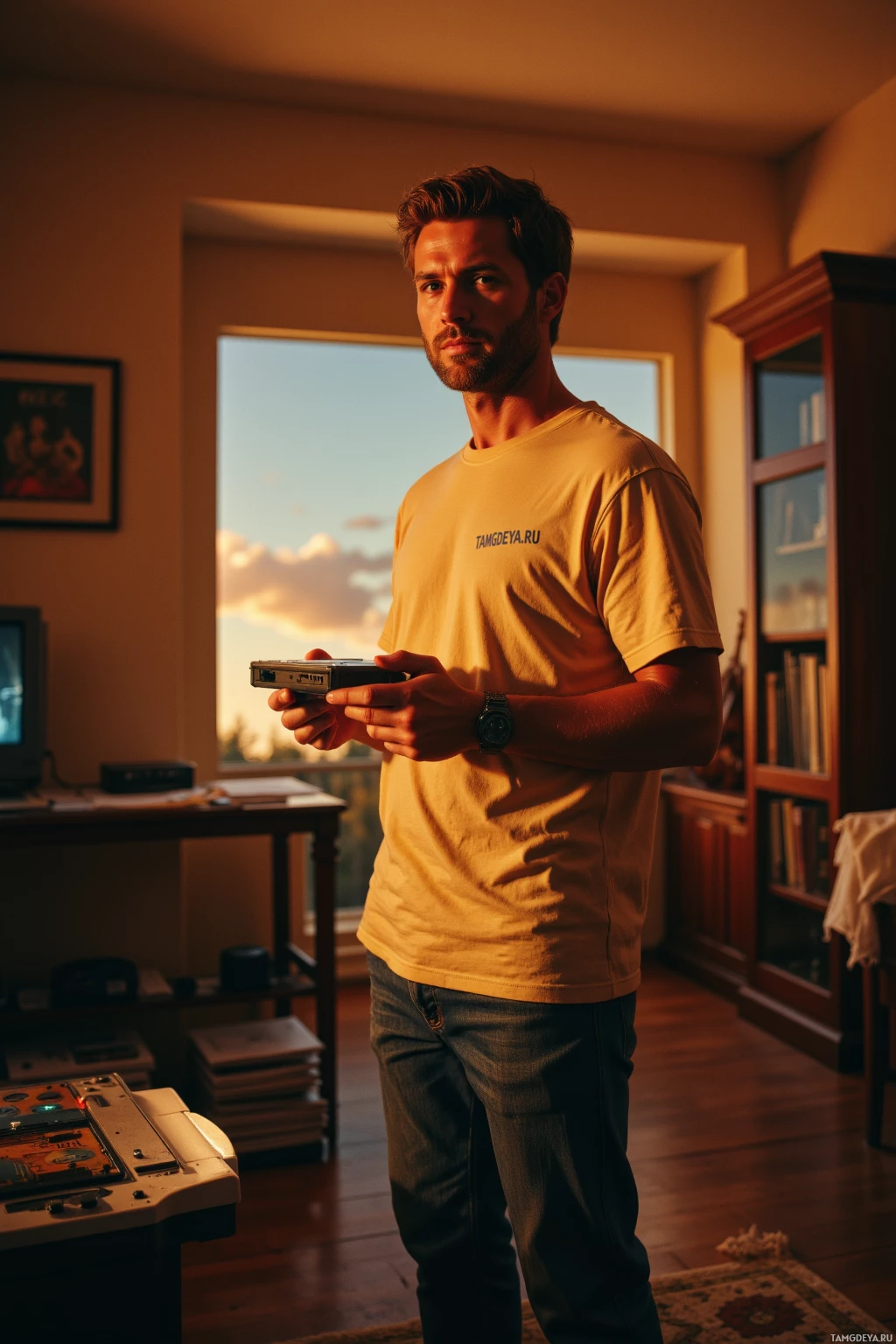 A man stands indoors holding a device, wearing a yellow t-shirt and jeans, with warm lighting and a window in the background.