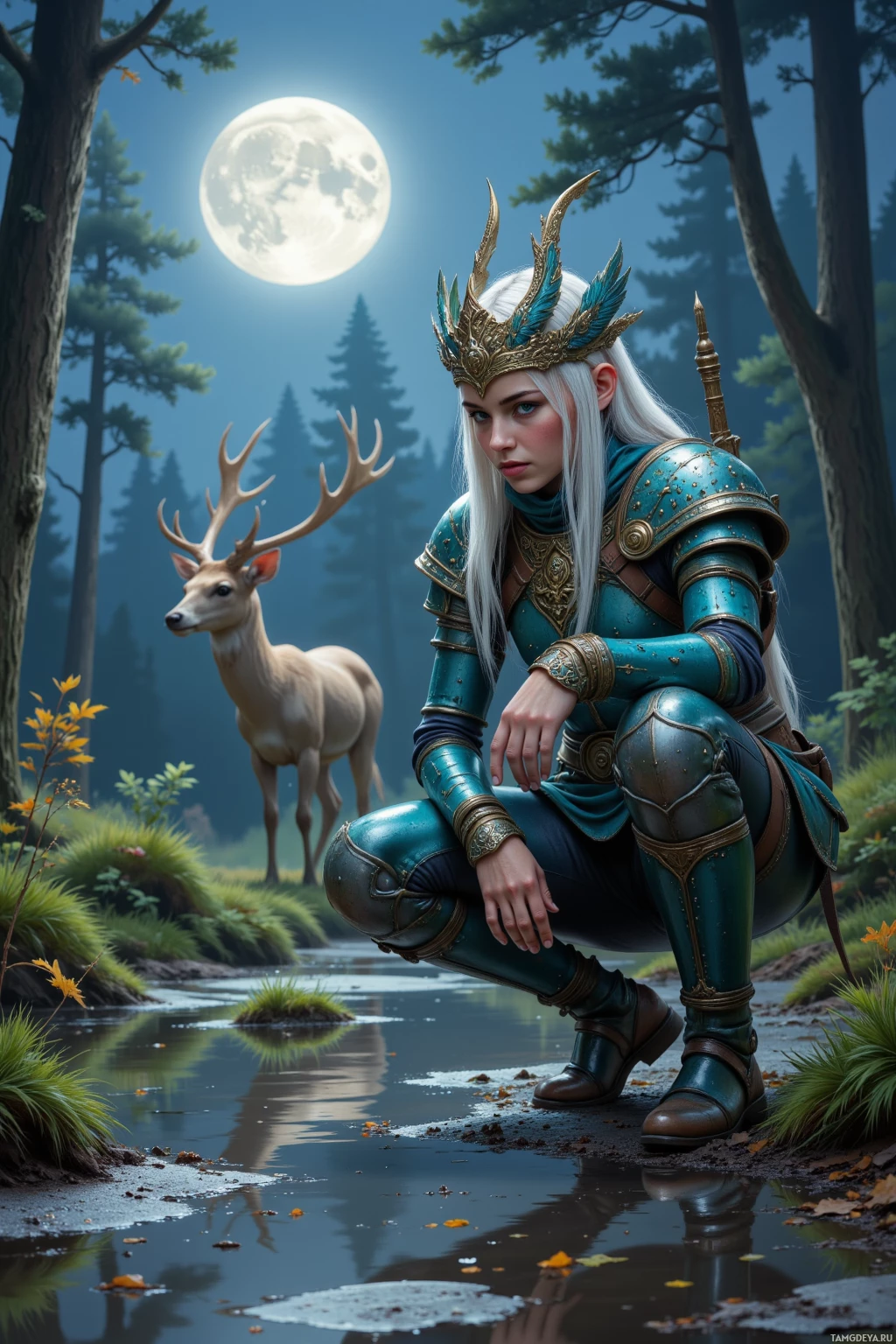 A woman in ornate armor kneels beside a forest stream, accompanied by a deer under a full moon.