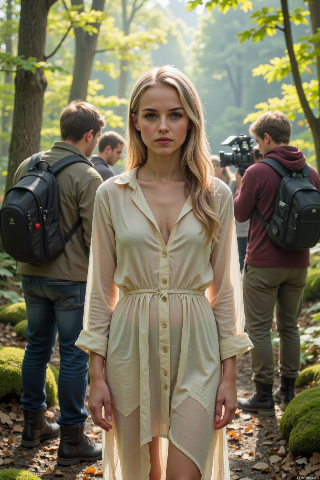 A woman in a light-colored dress stands in a forest with people in the background.