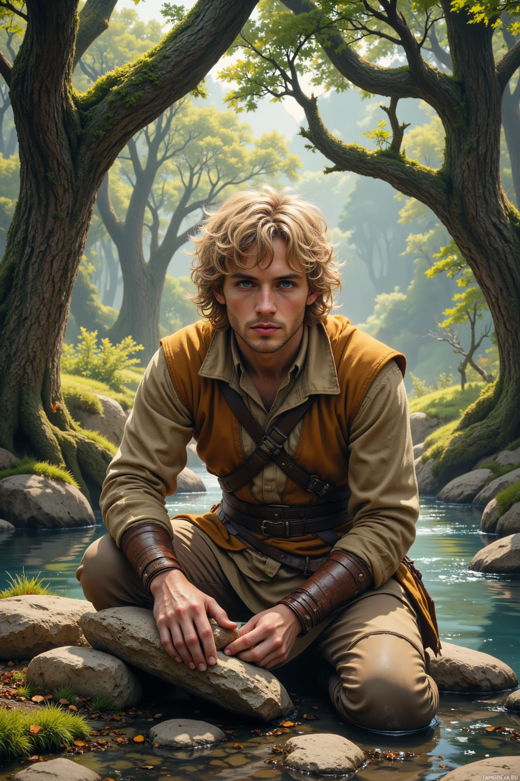A man in a rustic outfit sits by a serene river in a lush forest.