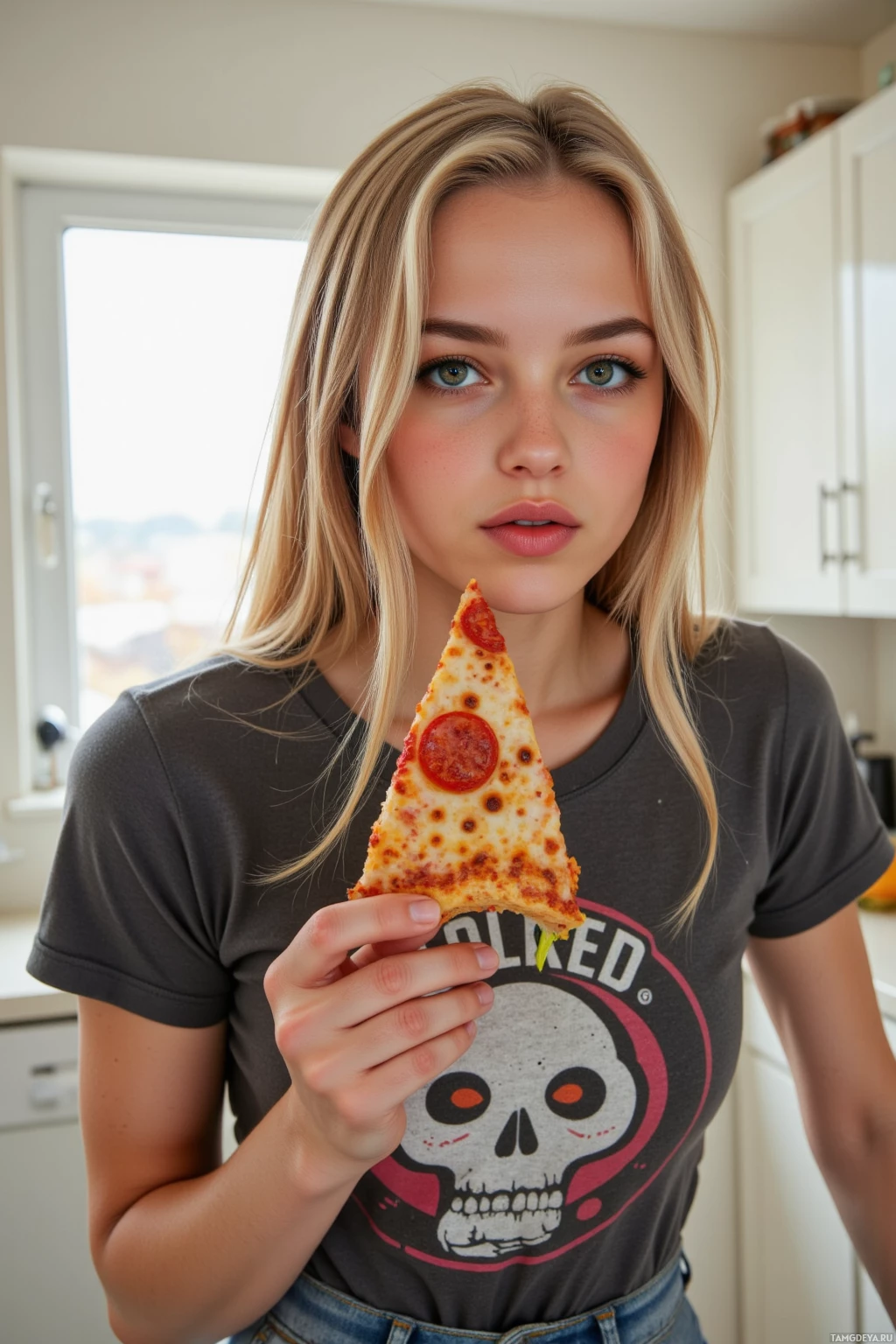 A person holds a slice of pizza in a kitchen setting.