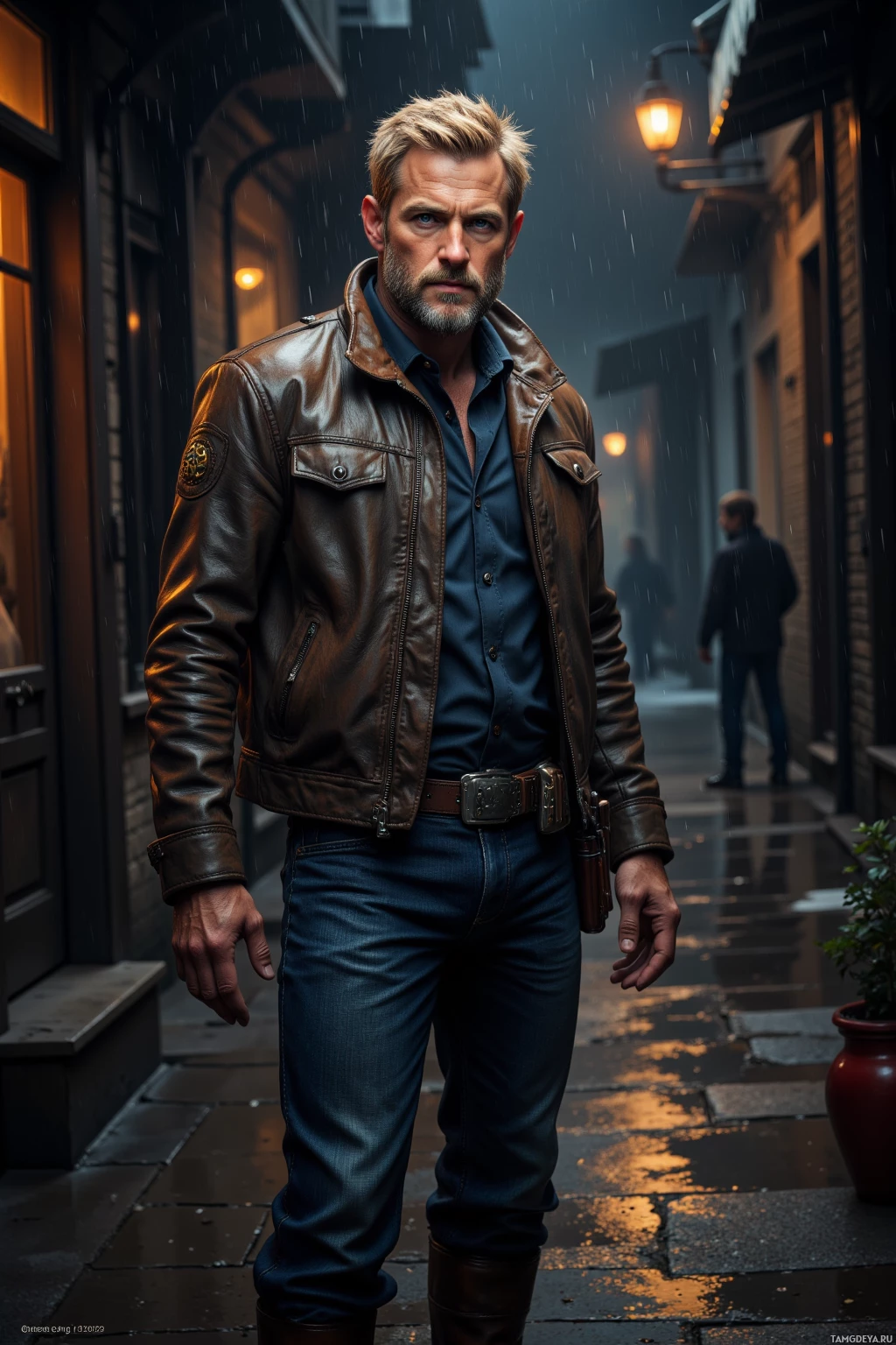 A man in a leather jacket and jeans stands on a rainy street at night.