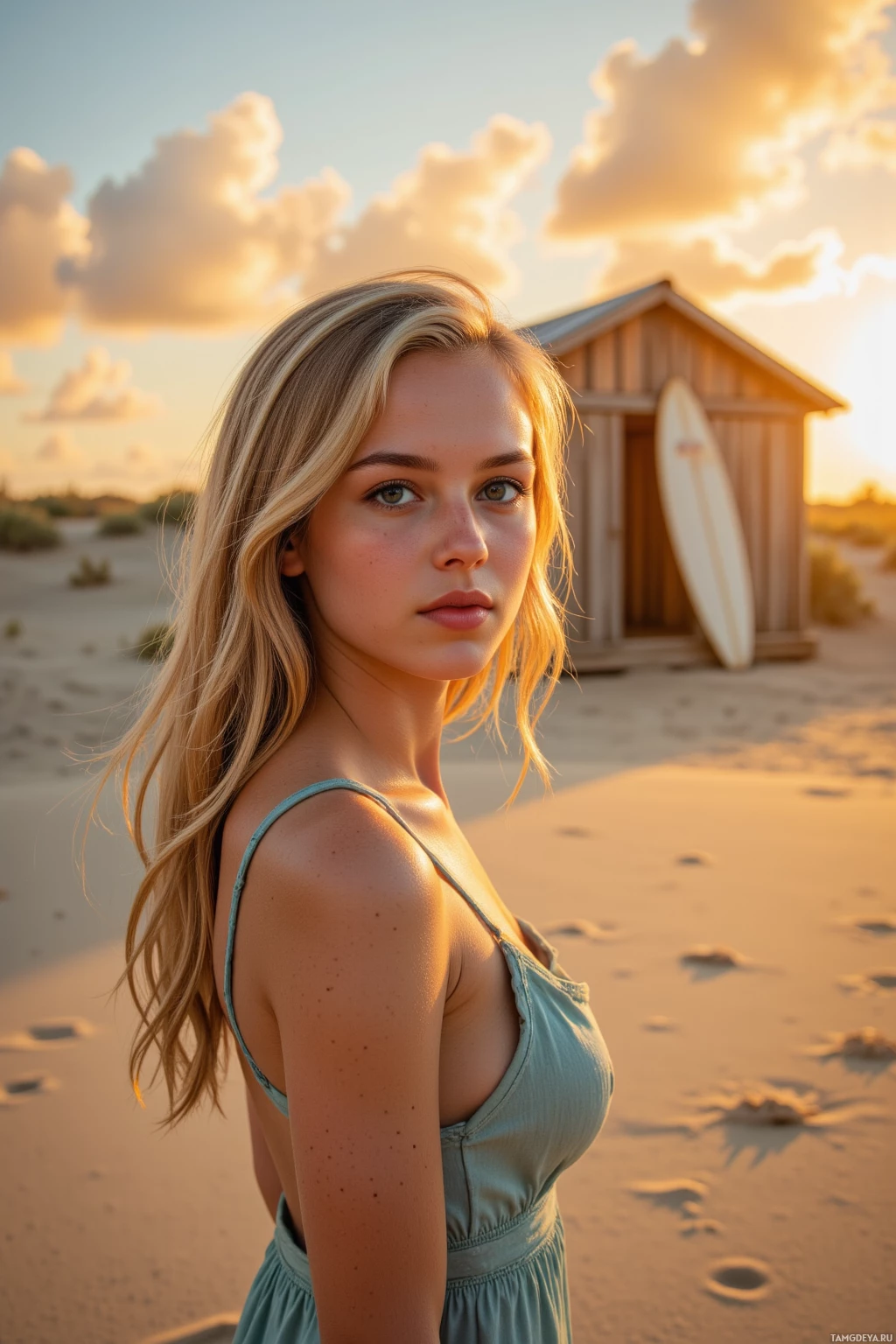 A woman in a light green dress stands on a sandy beach with a wooden hut and surfboard in the background under a partly cloudy sky.