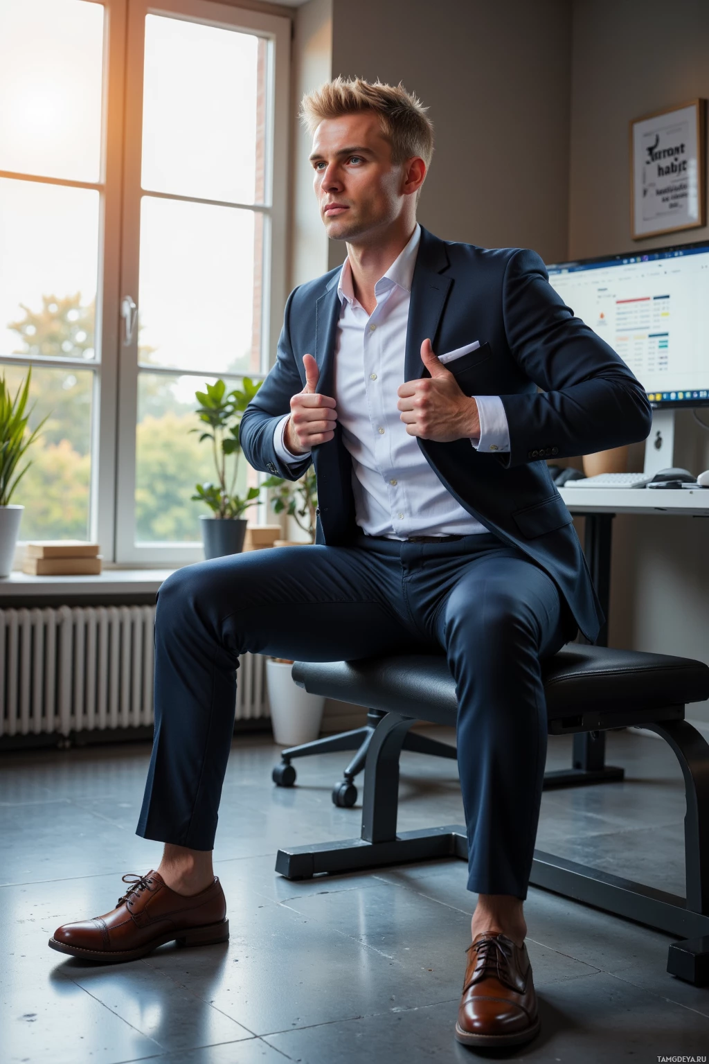 A man in a suit sits in an office, giving a thumbs-up gesture.