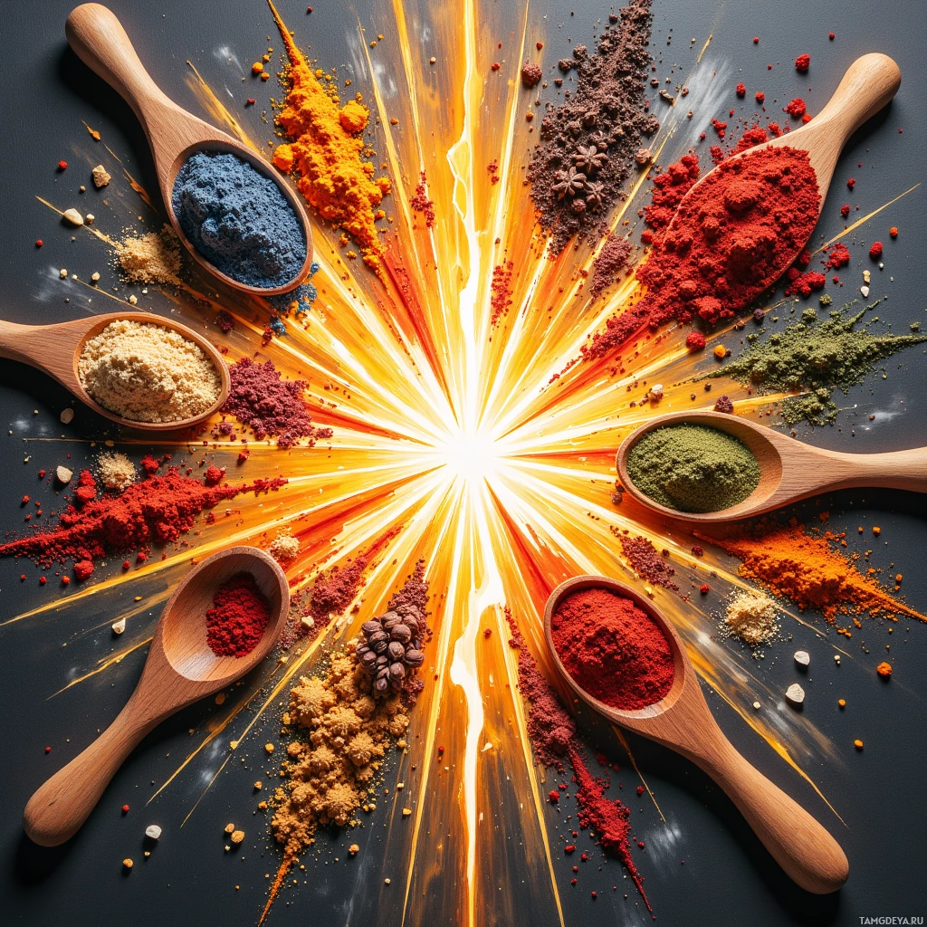 A vibrant display of colorful spices and powders in wooden spoons arranged around a radiant burst of light.