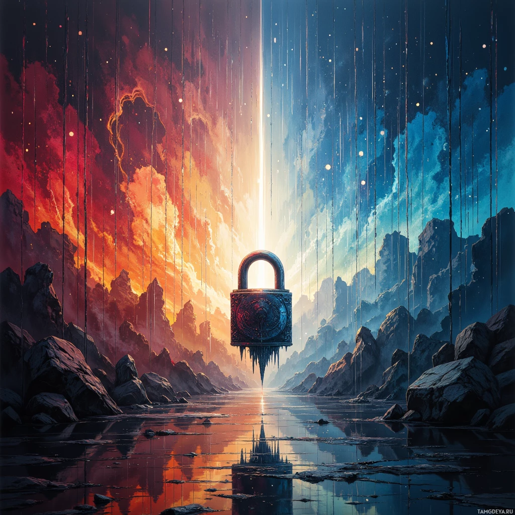 A surreal landscape featuring a glowing lock suspended over a reflective body of water, with contrasting fiery and cool-toned skies.
