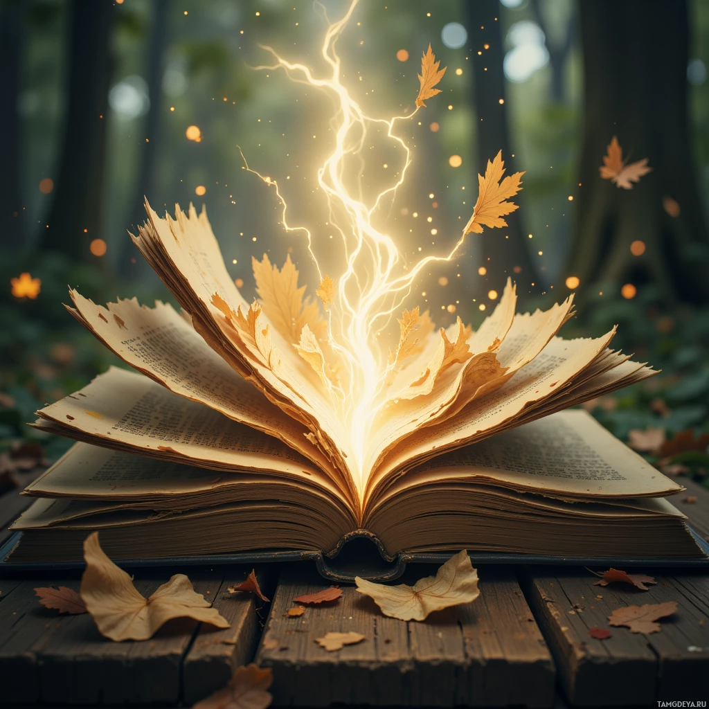 An open book with glowing lightning and autumn leaves on a wooden surface.