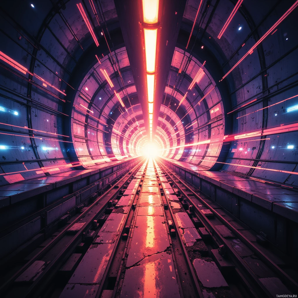 A futuristic tunnel with glowing red and blue lights leading to a bright light at the end.