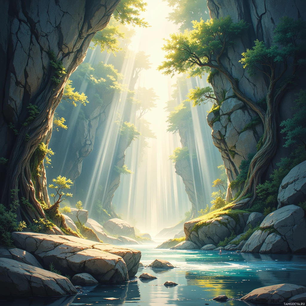 A serene landscape featuring a river flowing through a rocky canyon with sunlight streaming through the trees.