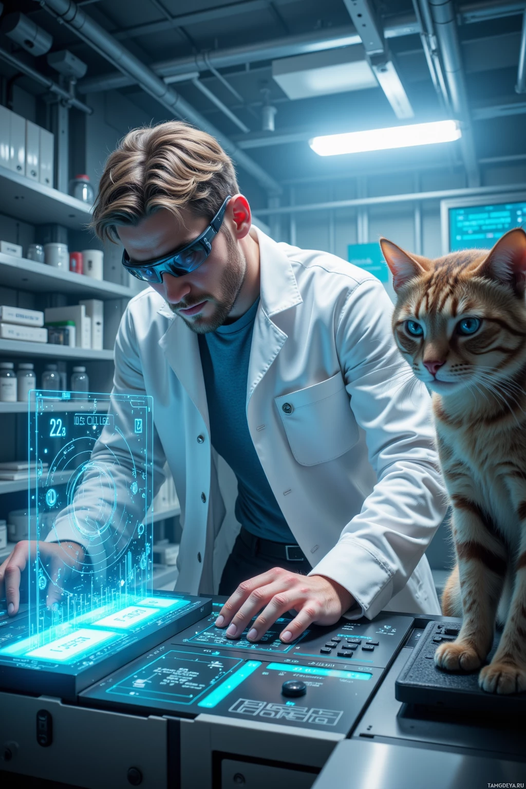 A scientist in a lab coat interacts with a futuristic computer interface, accompanied by a cat.