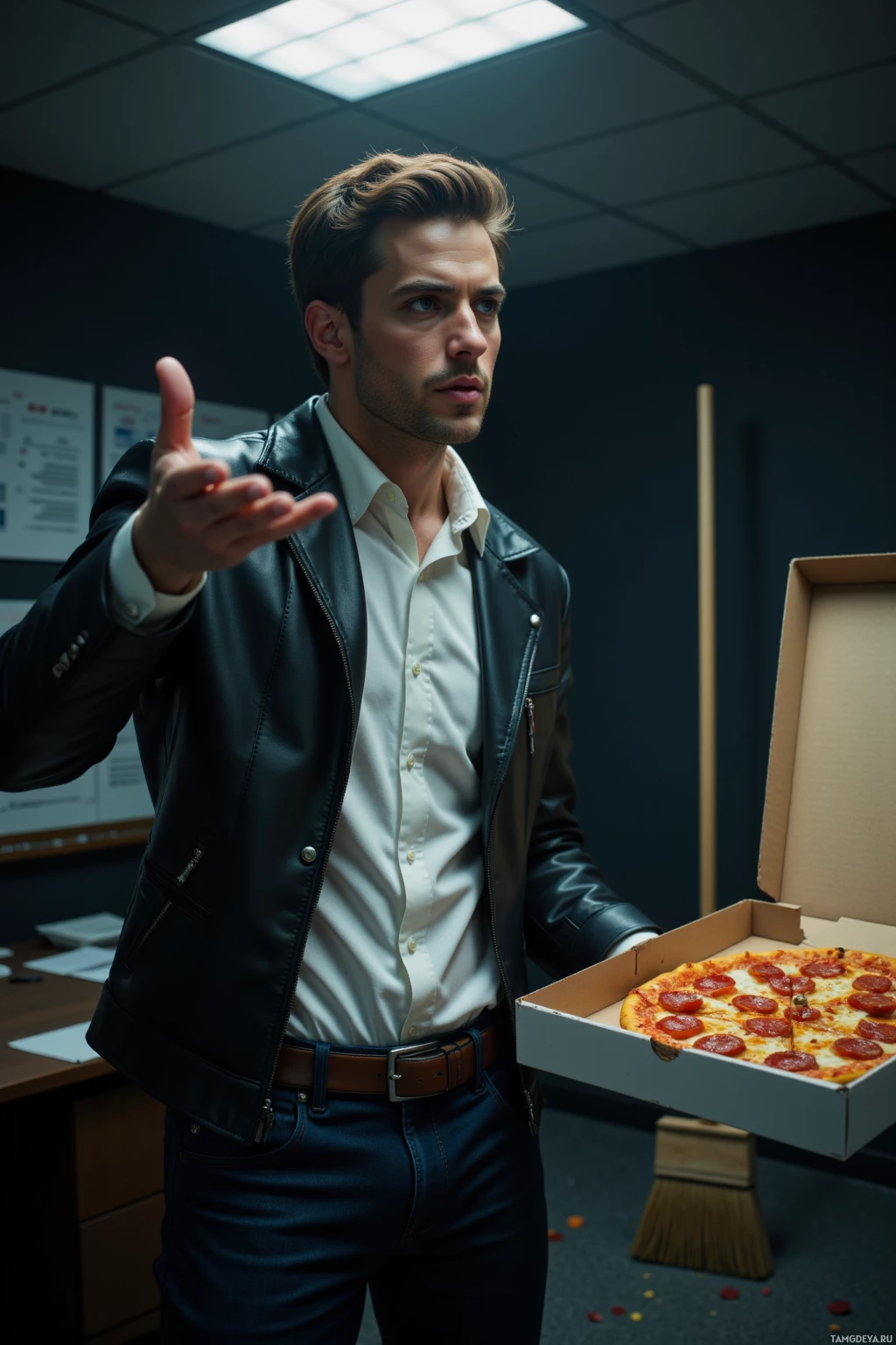 A man in a leather jacket and white shirt gestures with his hand while holding a pizza box in an office setting.