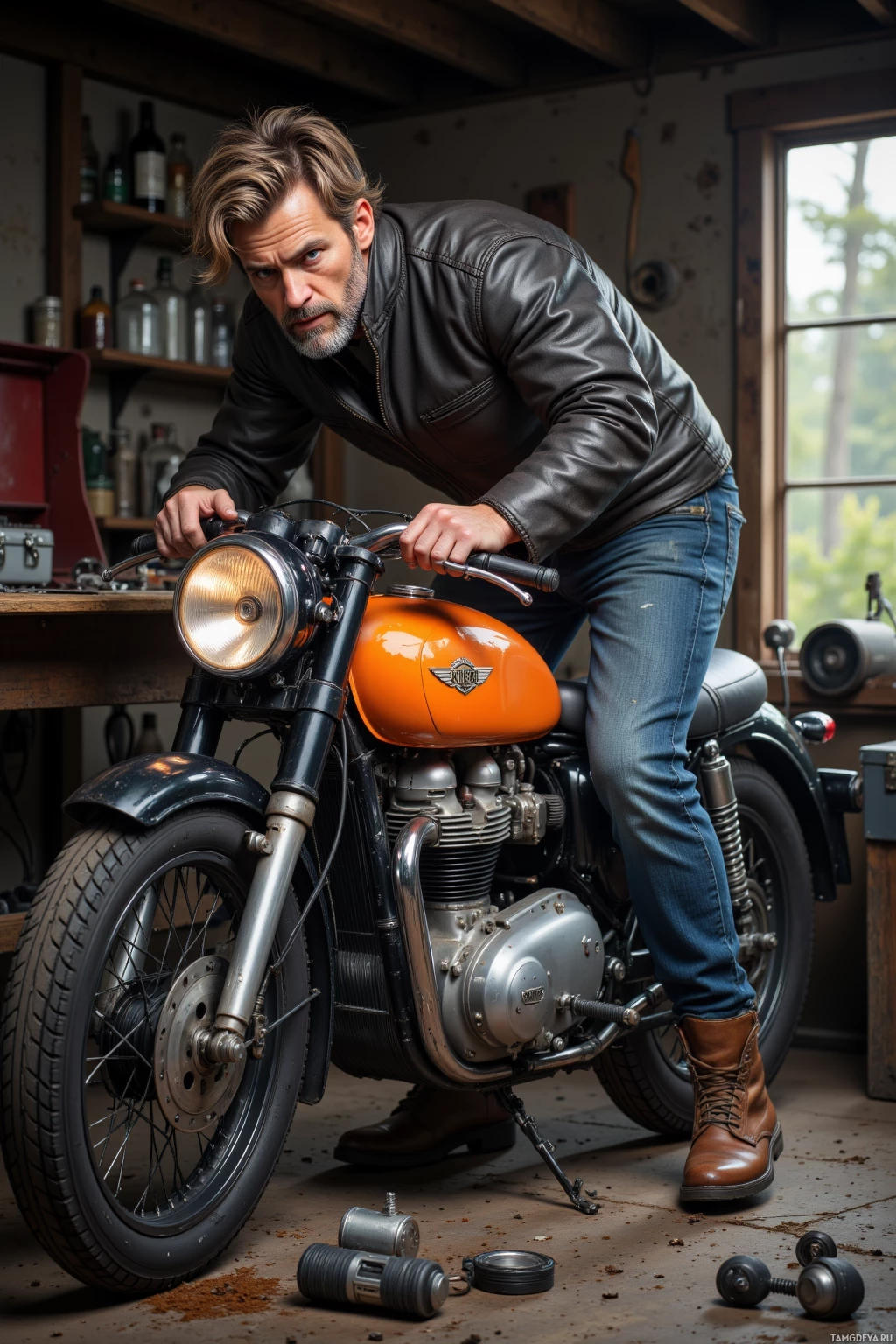A man in a leather jacket leans over a vintage motorcycle in a workshop.
