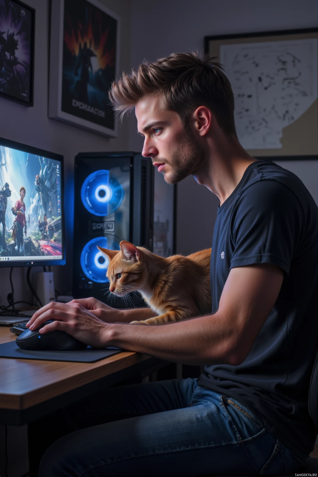 A person sits at a desk with a computer, accompanied by a cat.