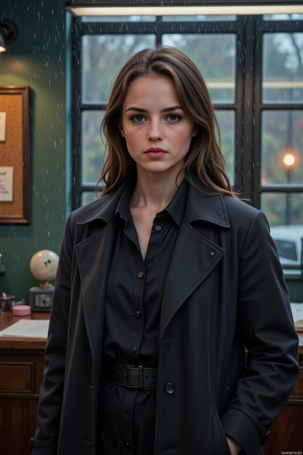 A person in a black coat stands indoors with a window and rain visible in the background.