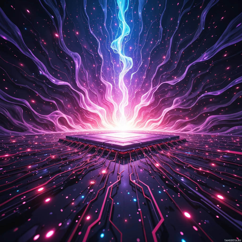 A futuristic circuit board with glowing lines and particles radiating upwards.