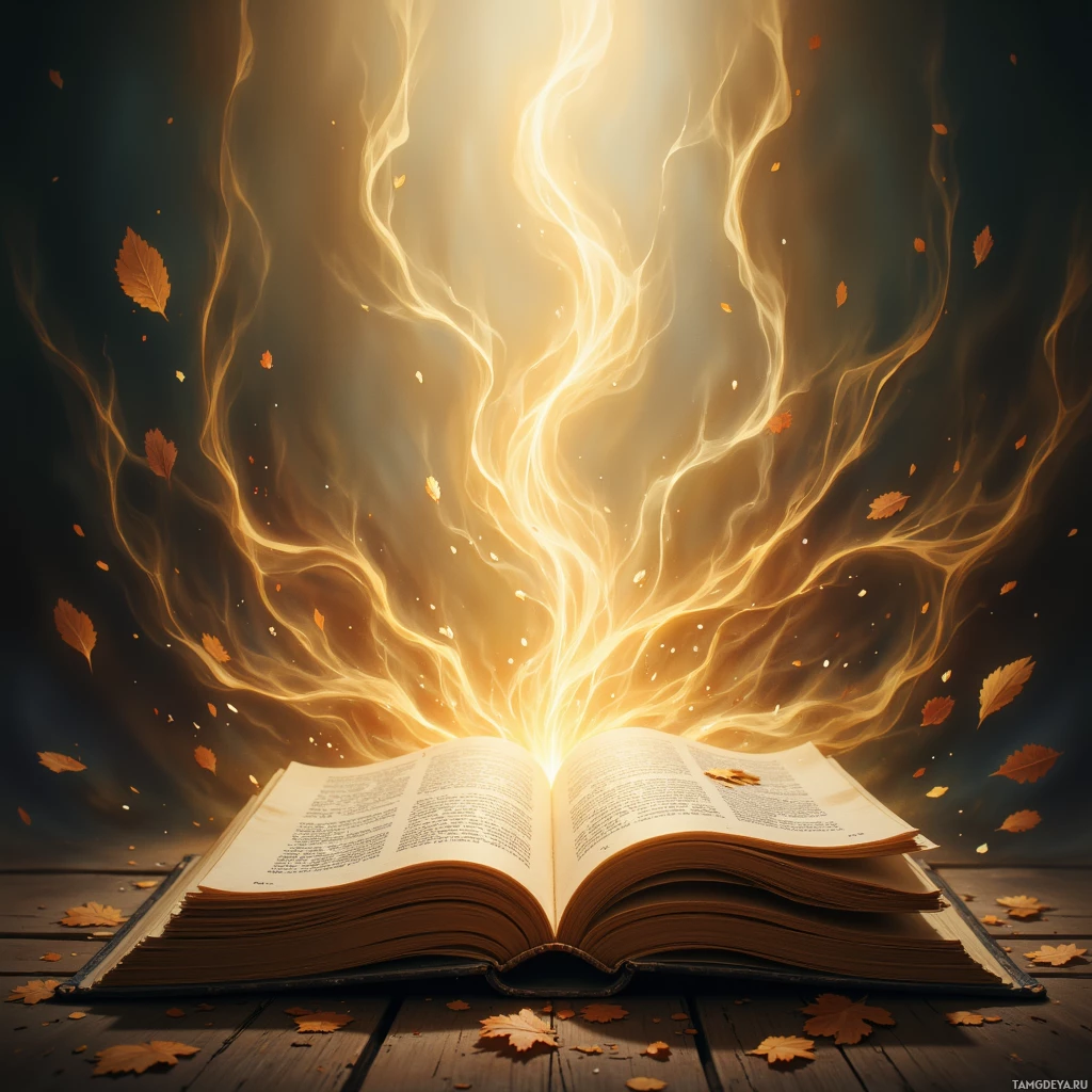An open book emits a radiant glow, surrounded by falling autumn leaves.