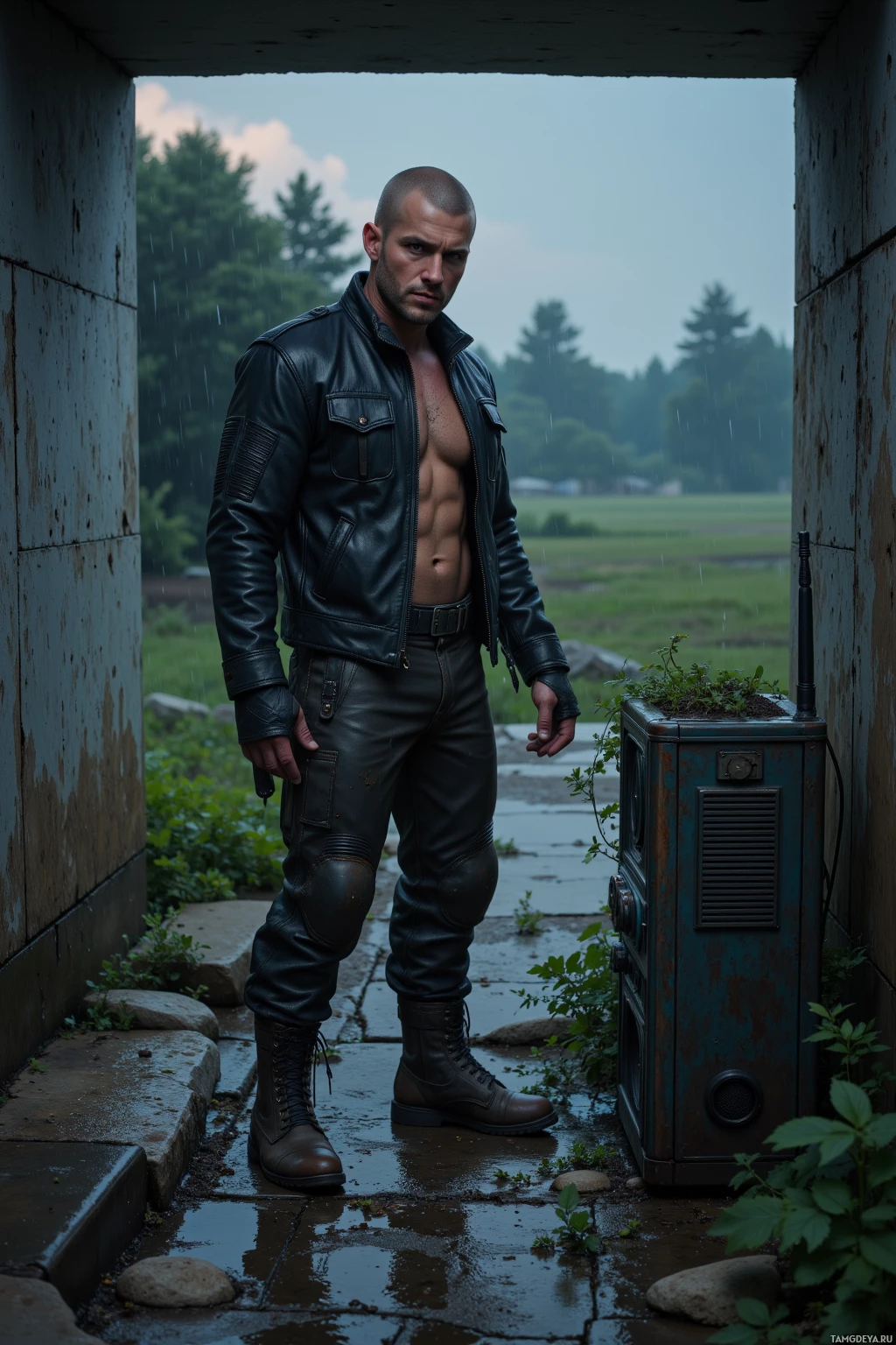A man in a leather jacket and pants stands in a doorway under rain, with a rustic setting in the background.