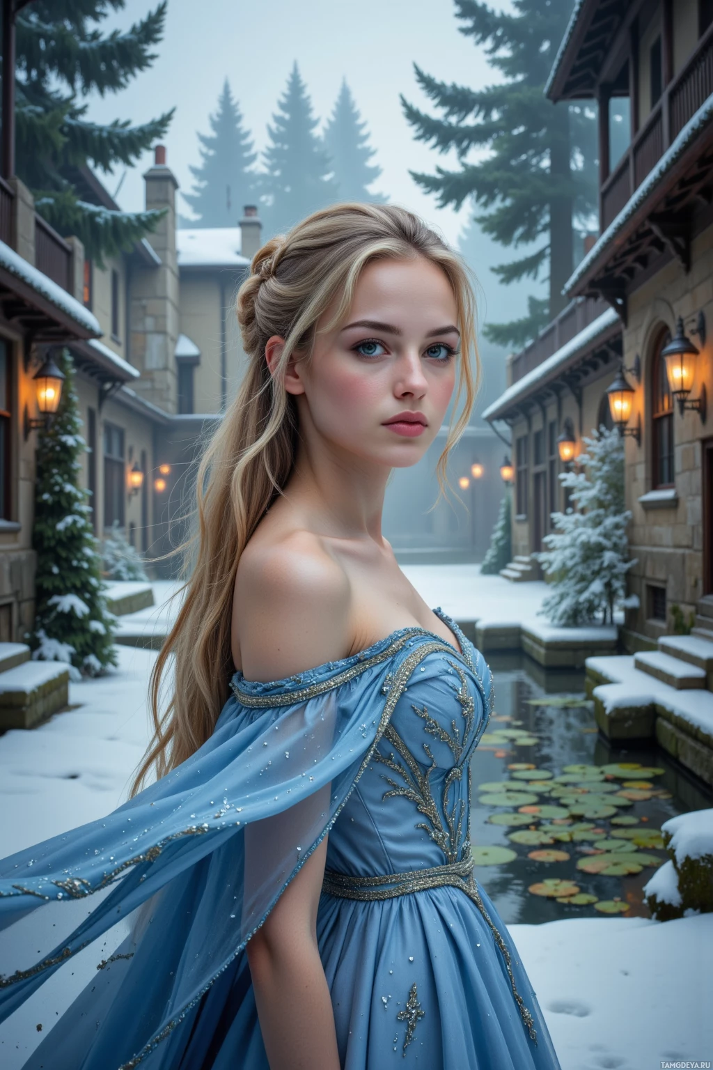 A woman in a blue gown stands in a snowy courtyard with snow-covered trees and buildings.