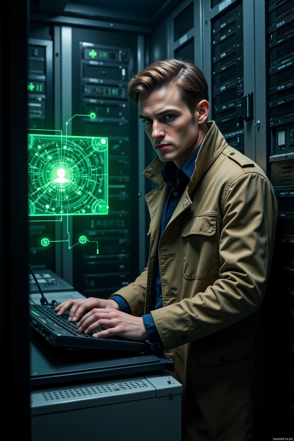 A man in a server room works on a laptop with a glowing green interface.